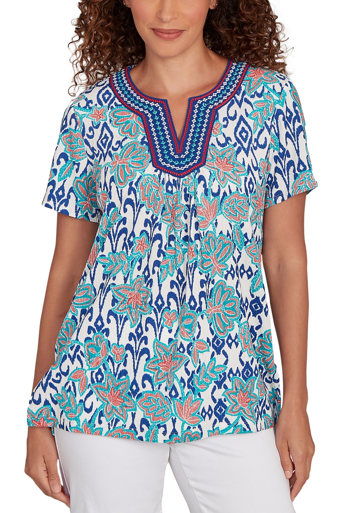 Petite Floral Overlay Ikat Embroidered T-Shirt
