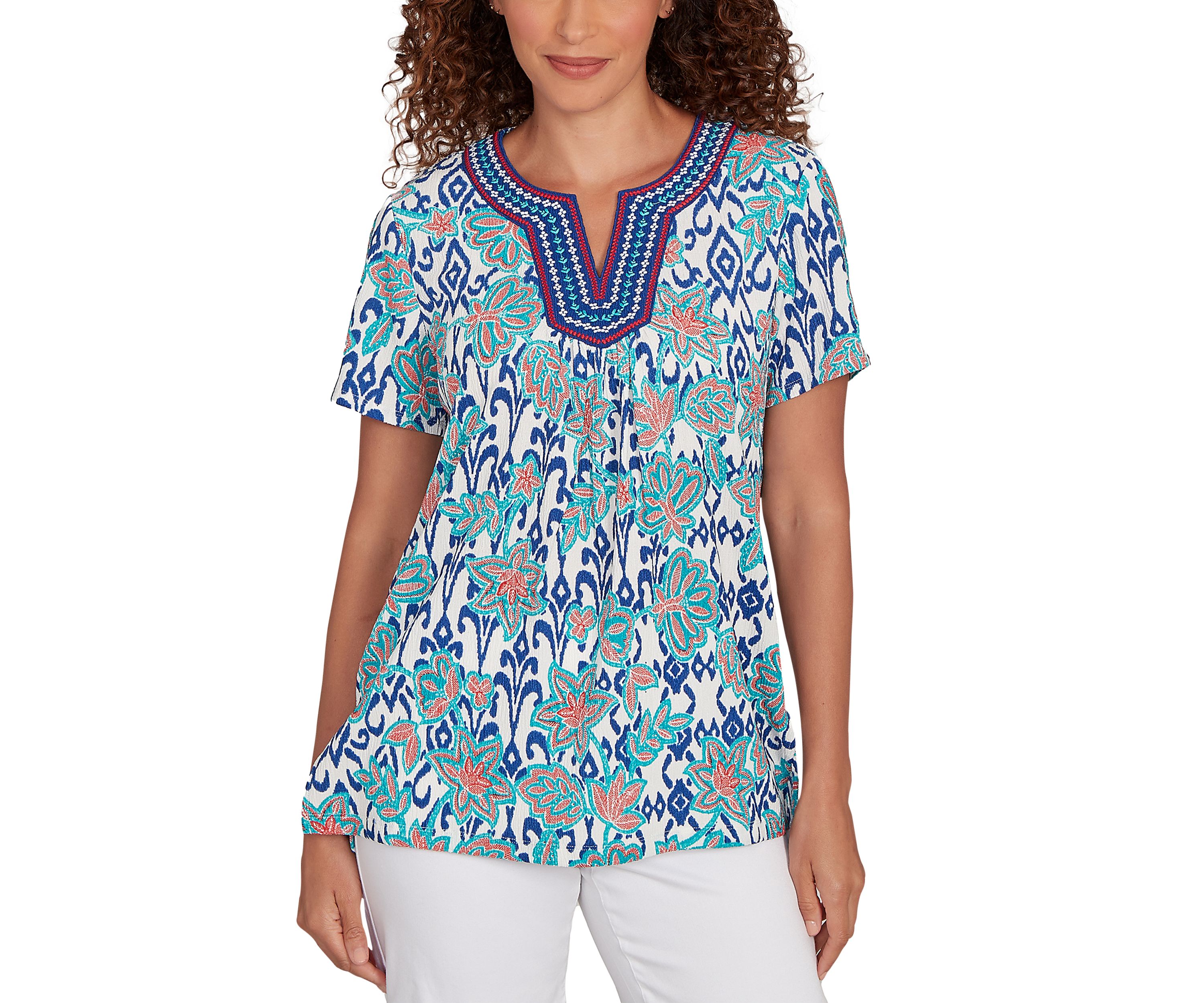 Petite Floral Overlay Ikat Embroidered T-Shirt