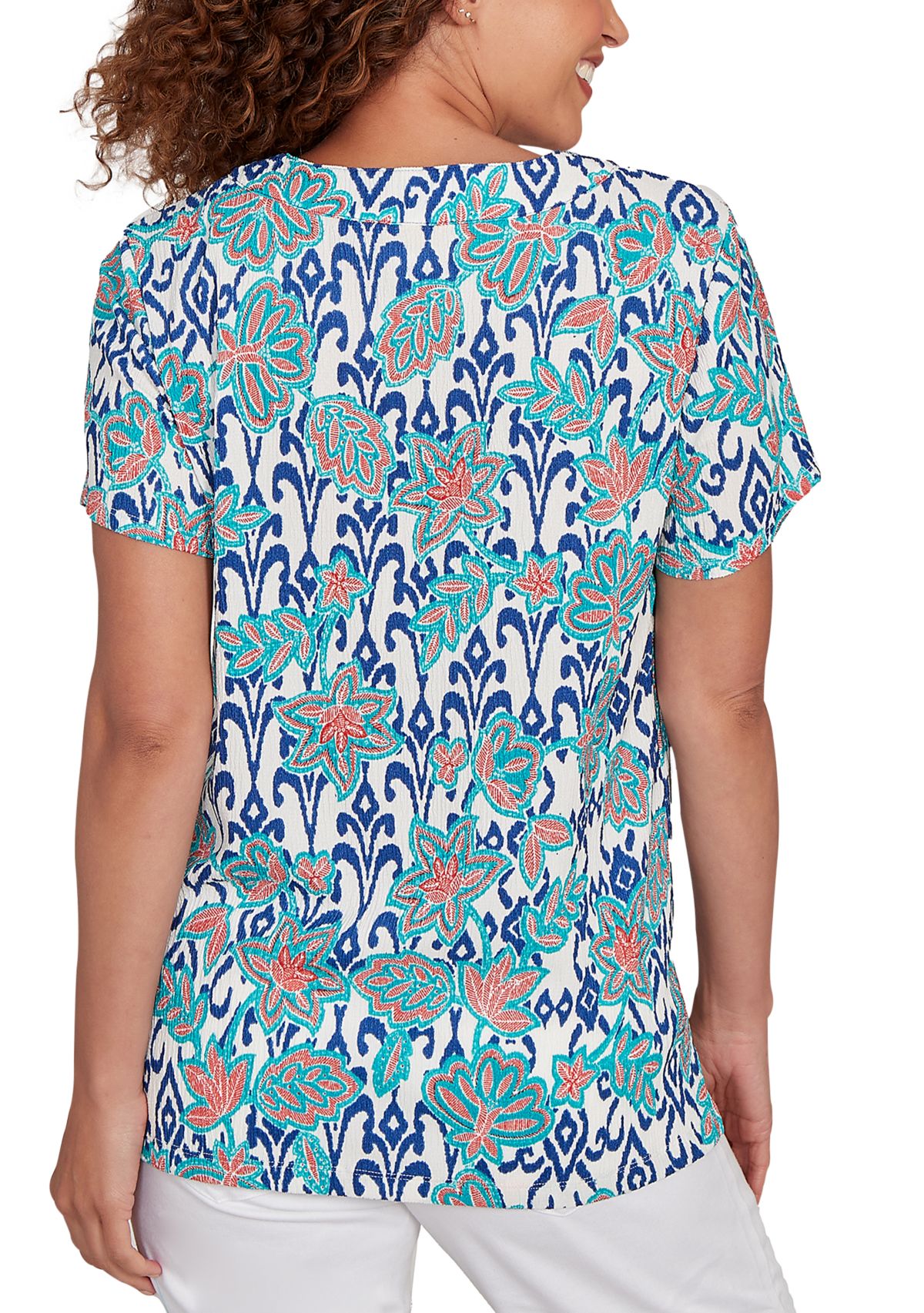 Petite Floral Overlay Ikat Embroidered T-Shirt