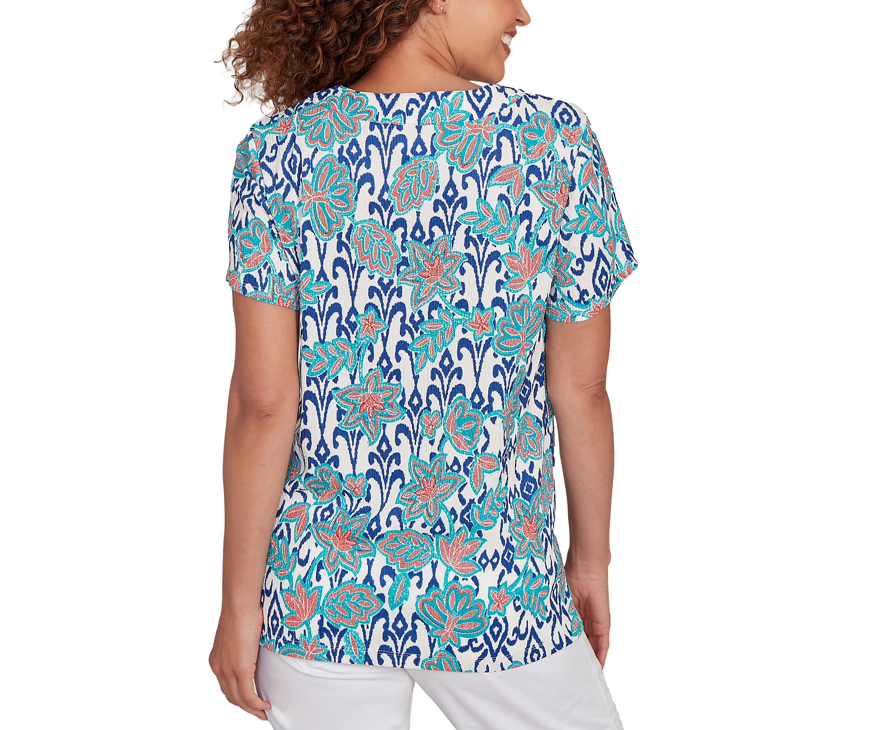 Petite Floral Overlay Ikat Embroidered T-Shirt
