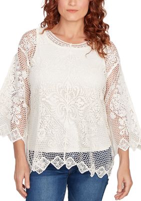 Ruby Rd Women's Petite Lined Medallion Crochet Top, Ivory, PM