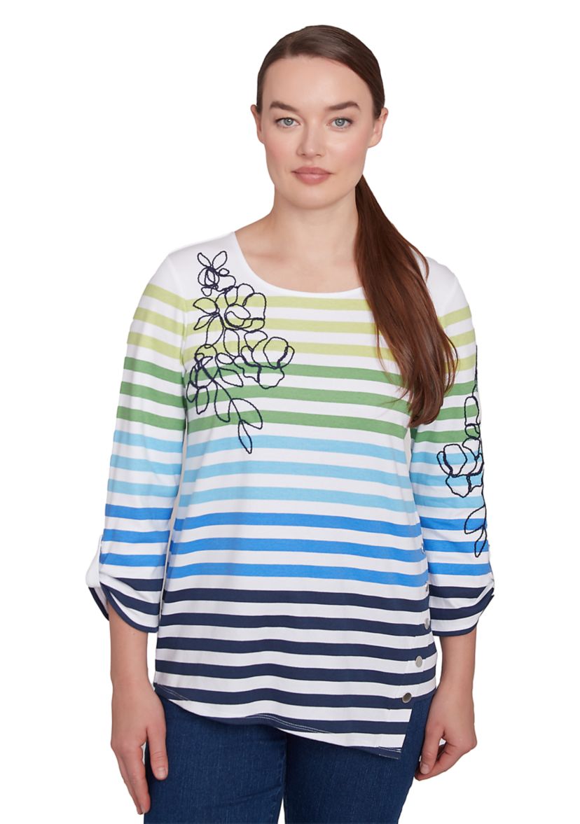 Womens Striped Embellished 3/4 Sleeve Top