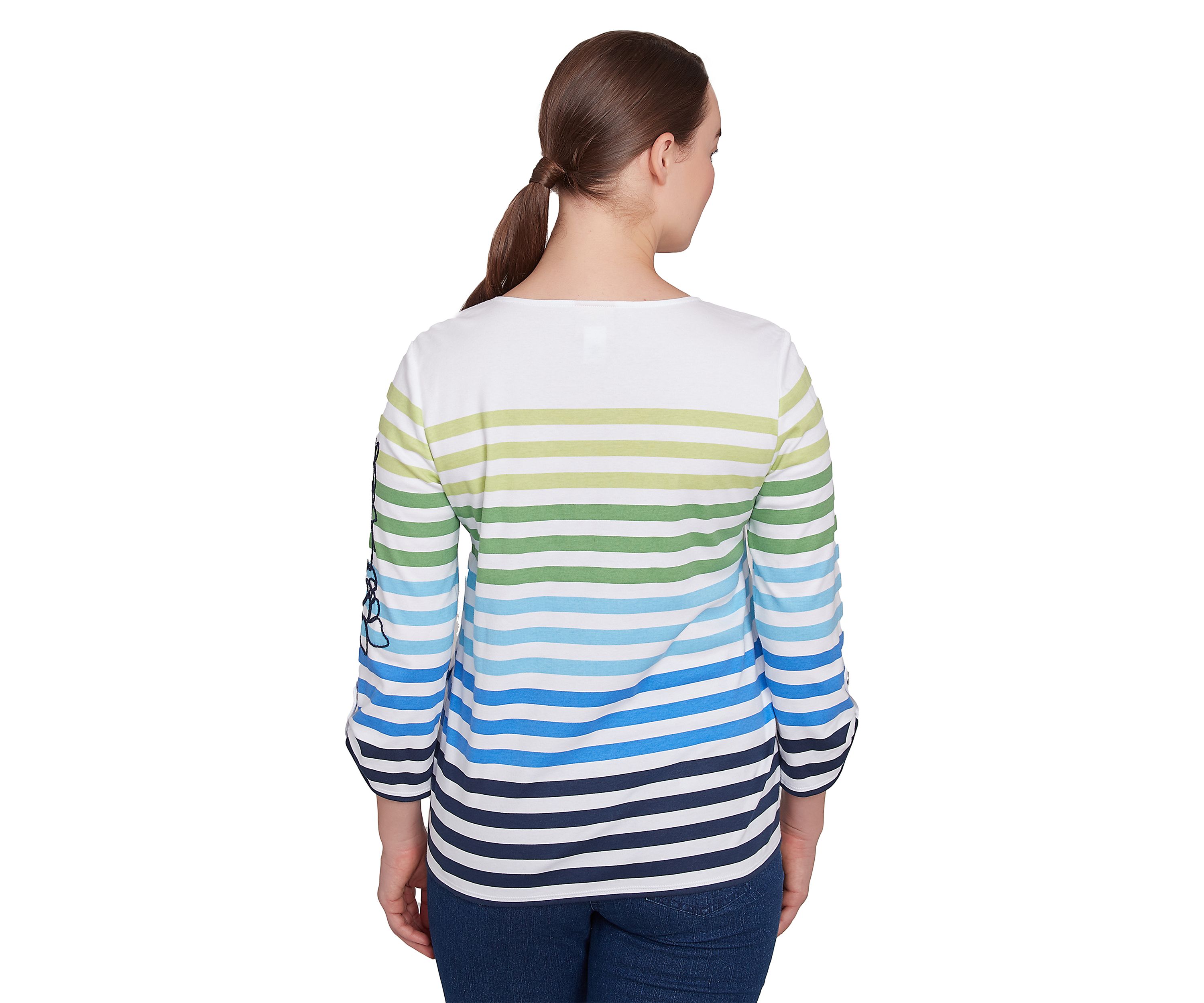 Womens Striped Embellished 3/4 Sleeve Top