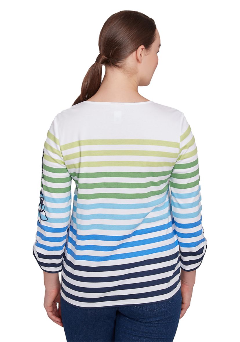 Womens Striped Embellished 3/4 Sleeve Top