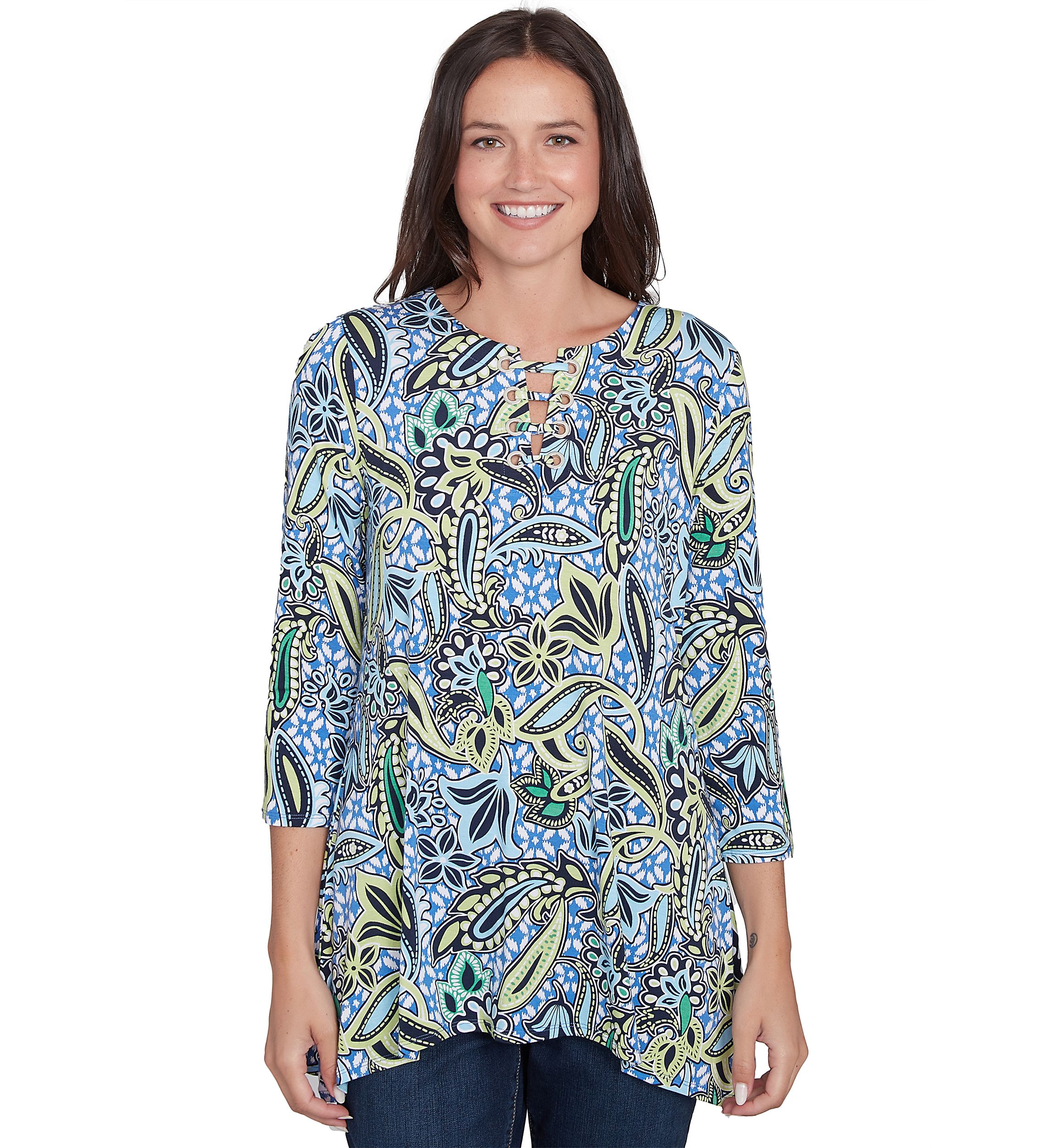 Womens Bali Ikat Paisley Lace Neck Top