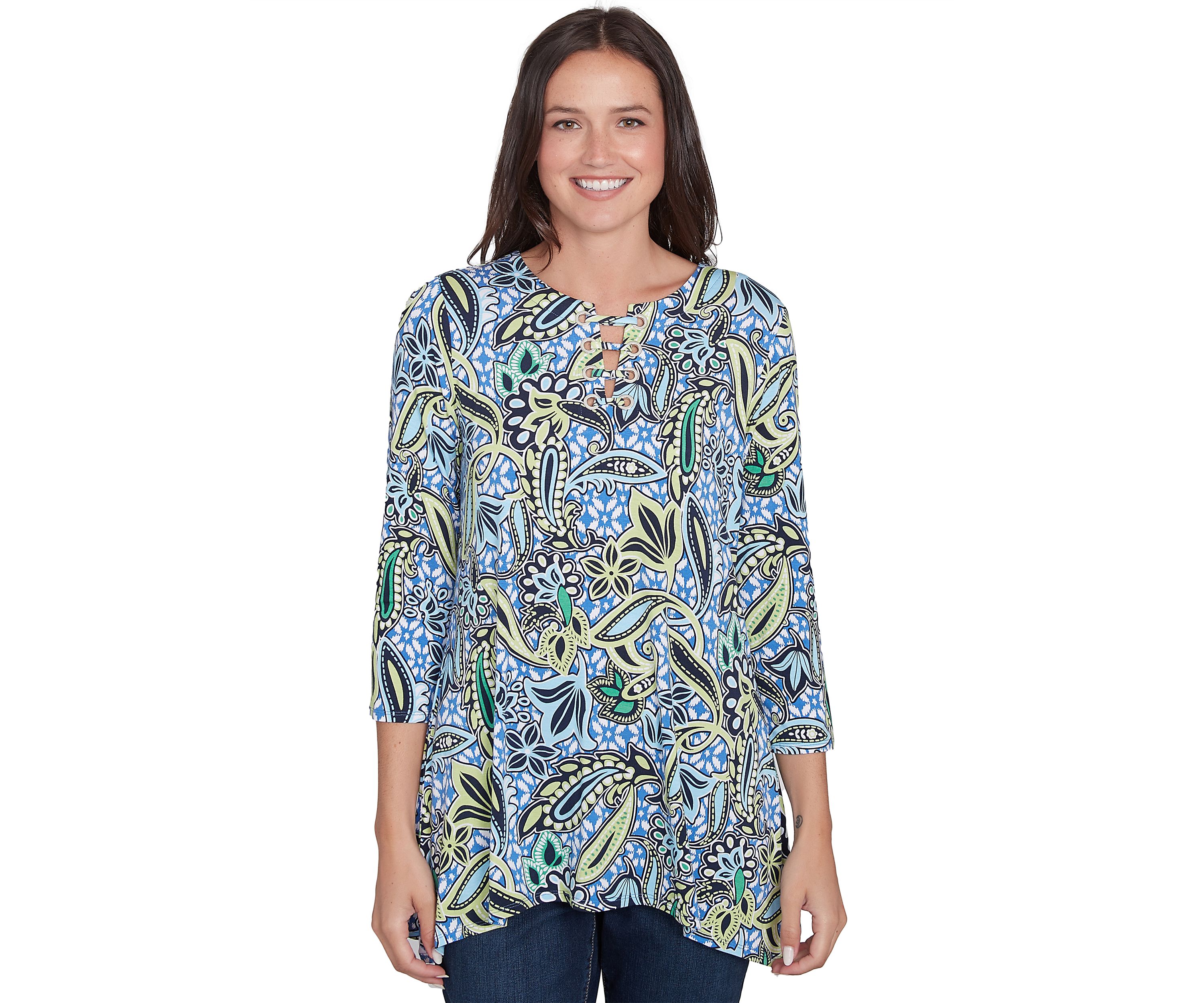 Womens Bali Ikat Paisley Lace Neck Top