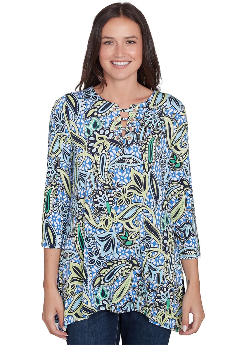 Womens Bali Ikat Paisley Lace Neck Top