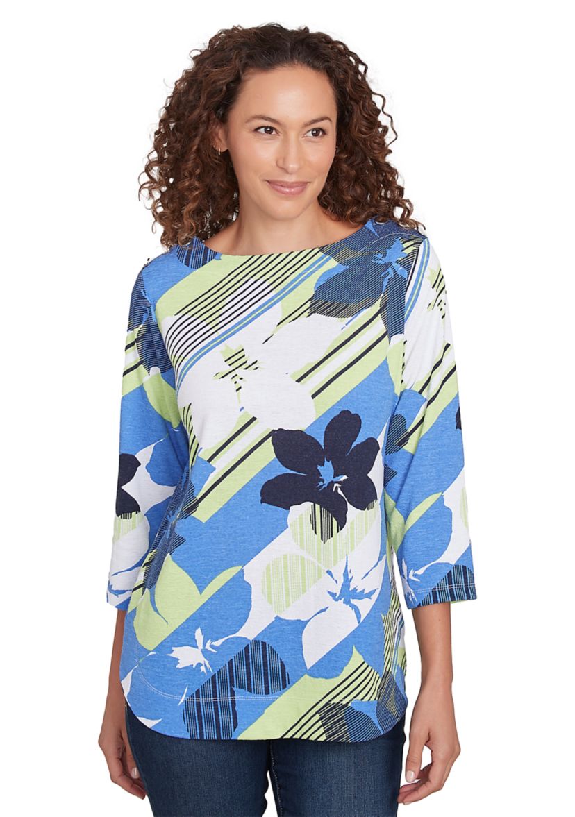 Womens Diagonal Striped Floral Top