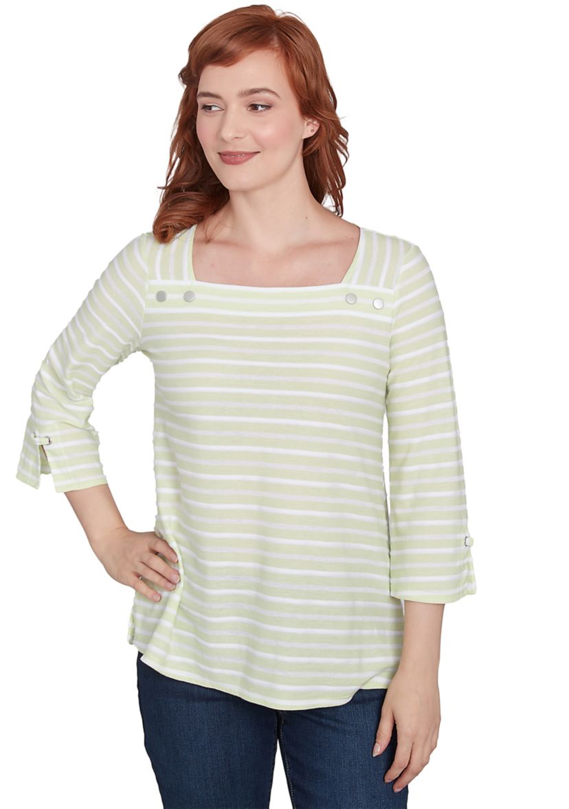 Womens Ribbon Stripe Laced Sleeve Top
