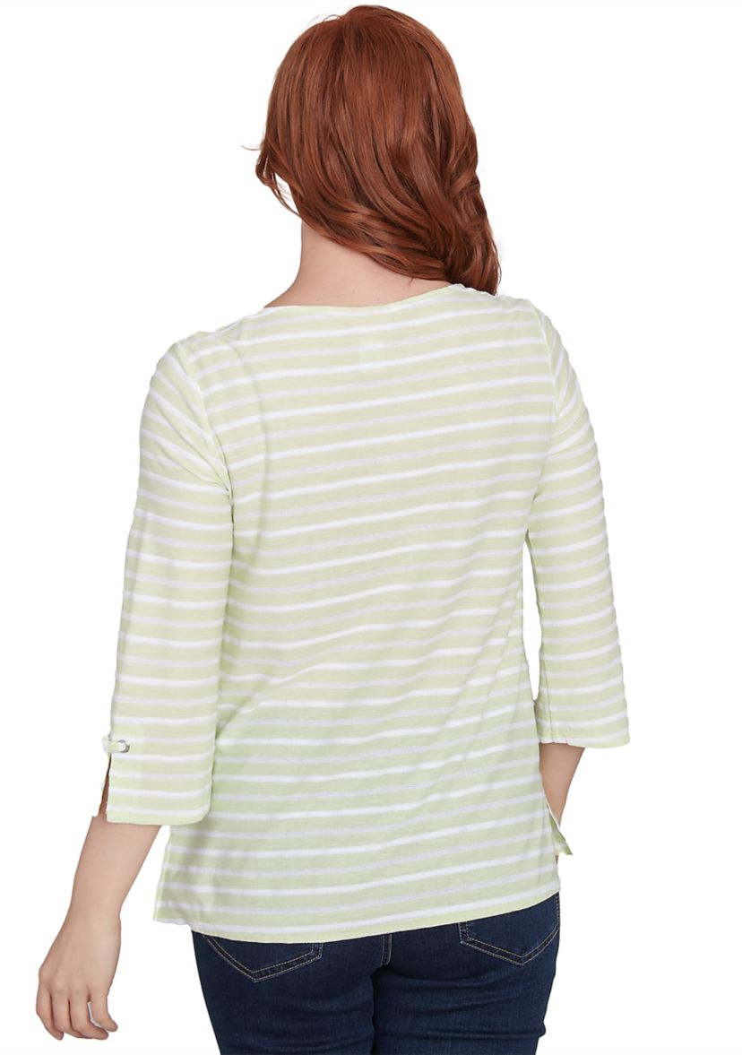 Womens Ribbon Stripe Laced Sleeve Top