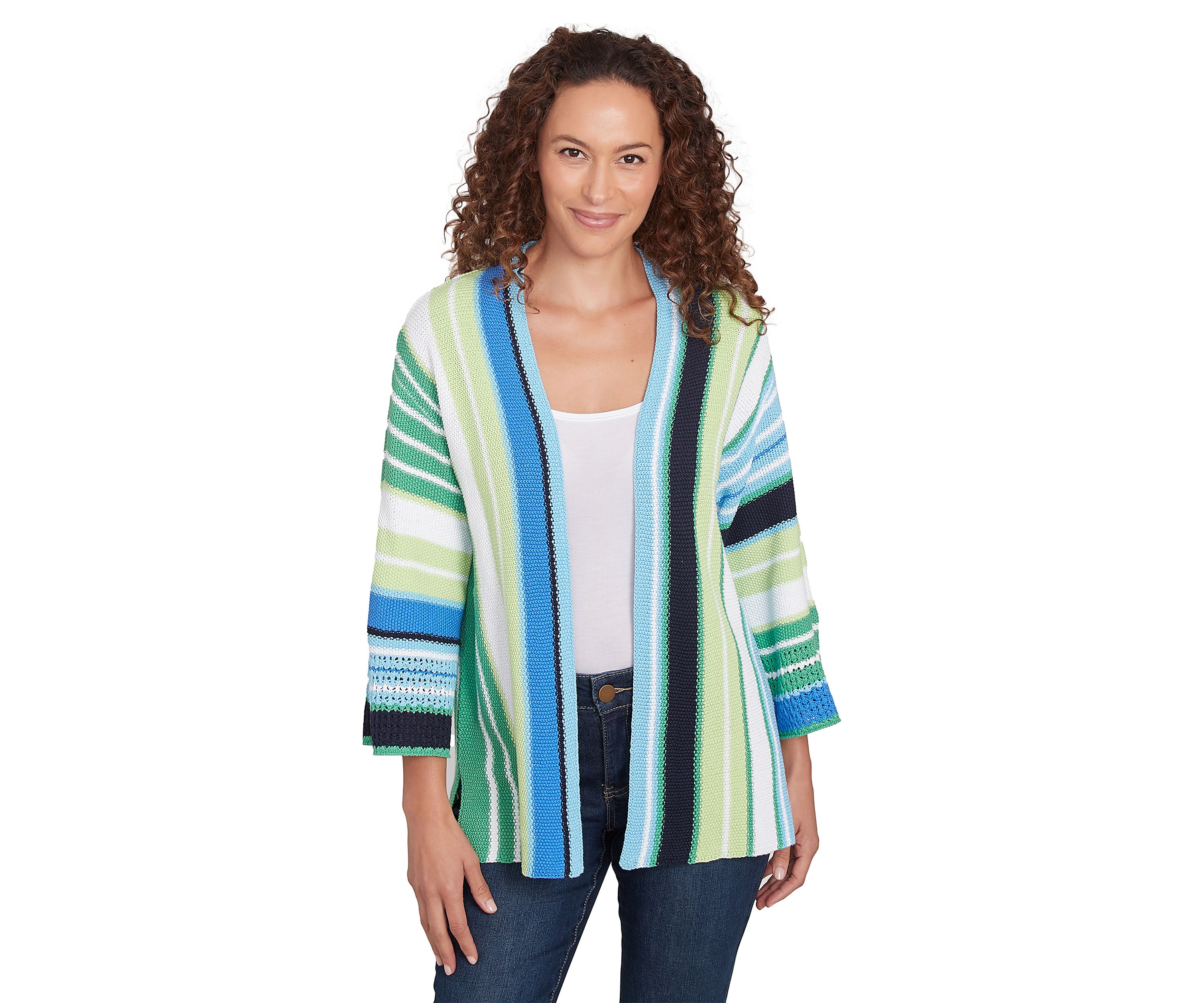 Womens Open Front Chunky Knit Striped Cardigan