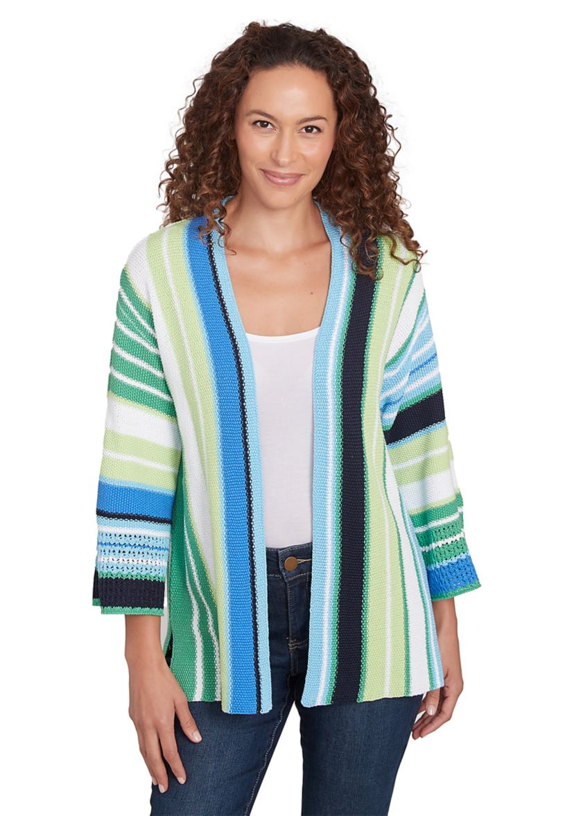 Womens Open Front Chunky Knit Striped Cardigan