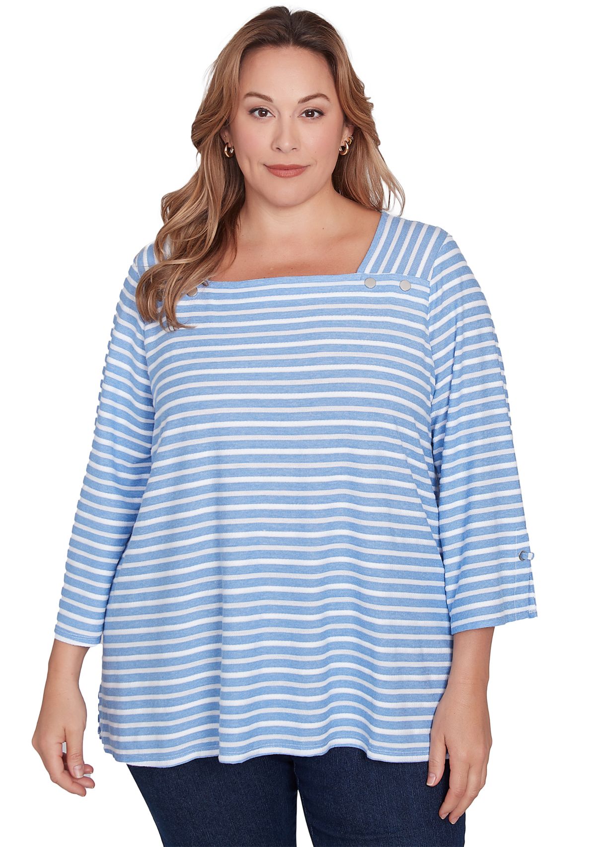 Plus Size Ribbon Stripe Laced Sleeve Top