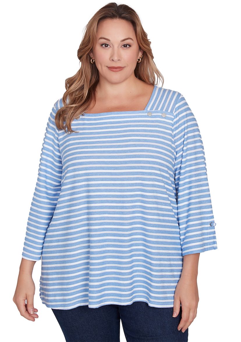 Plus Size Ribbon Stripe Laced Sleeve Top