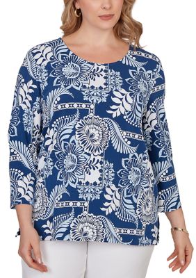 Ruby Rd Women's Plus Size Tropical Patchwork Scoop Neck Knit Top, 1X
