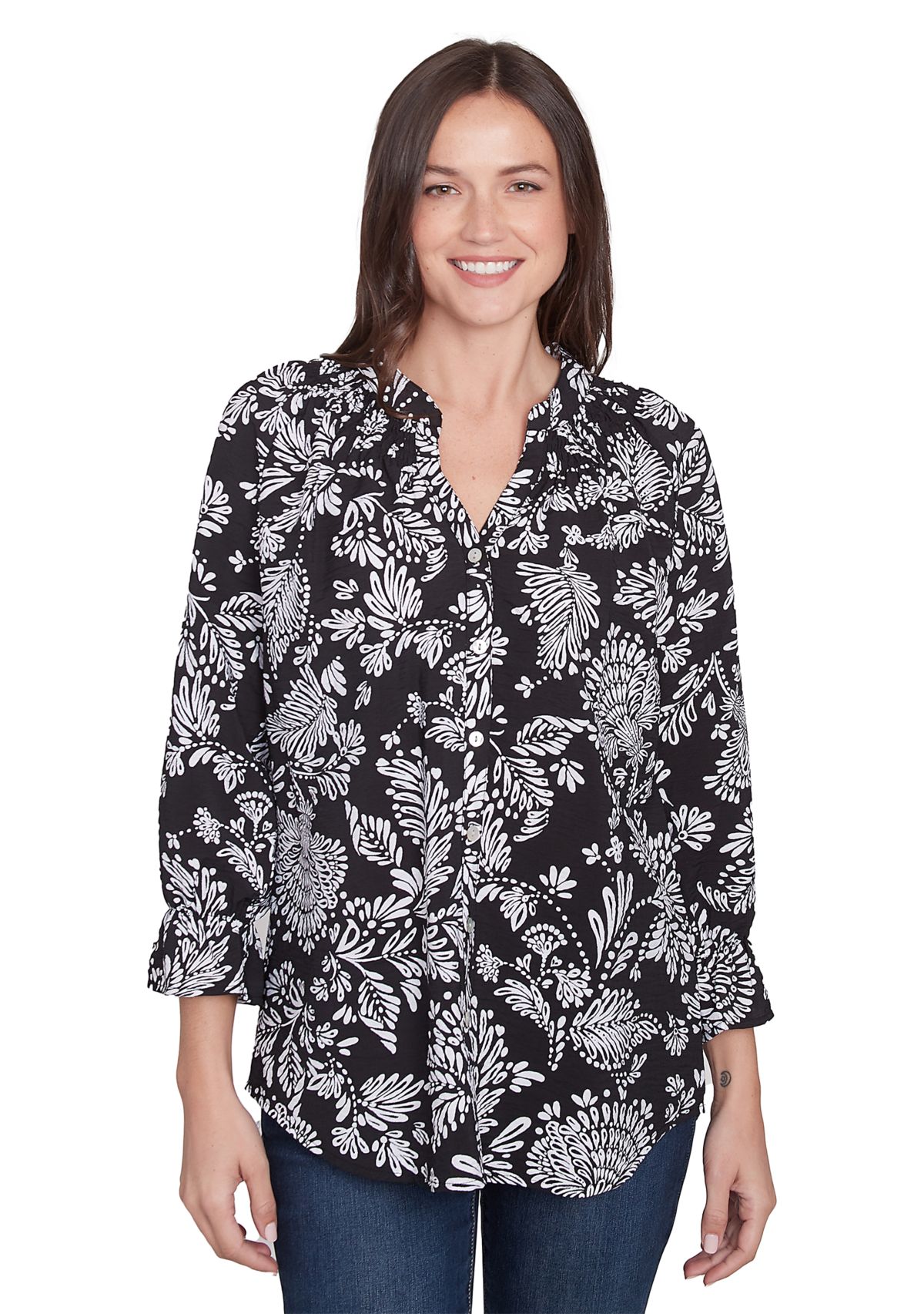 Womens Monotone Floral V-Neck Top