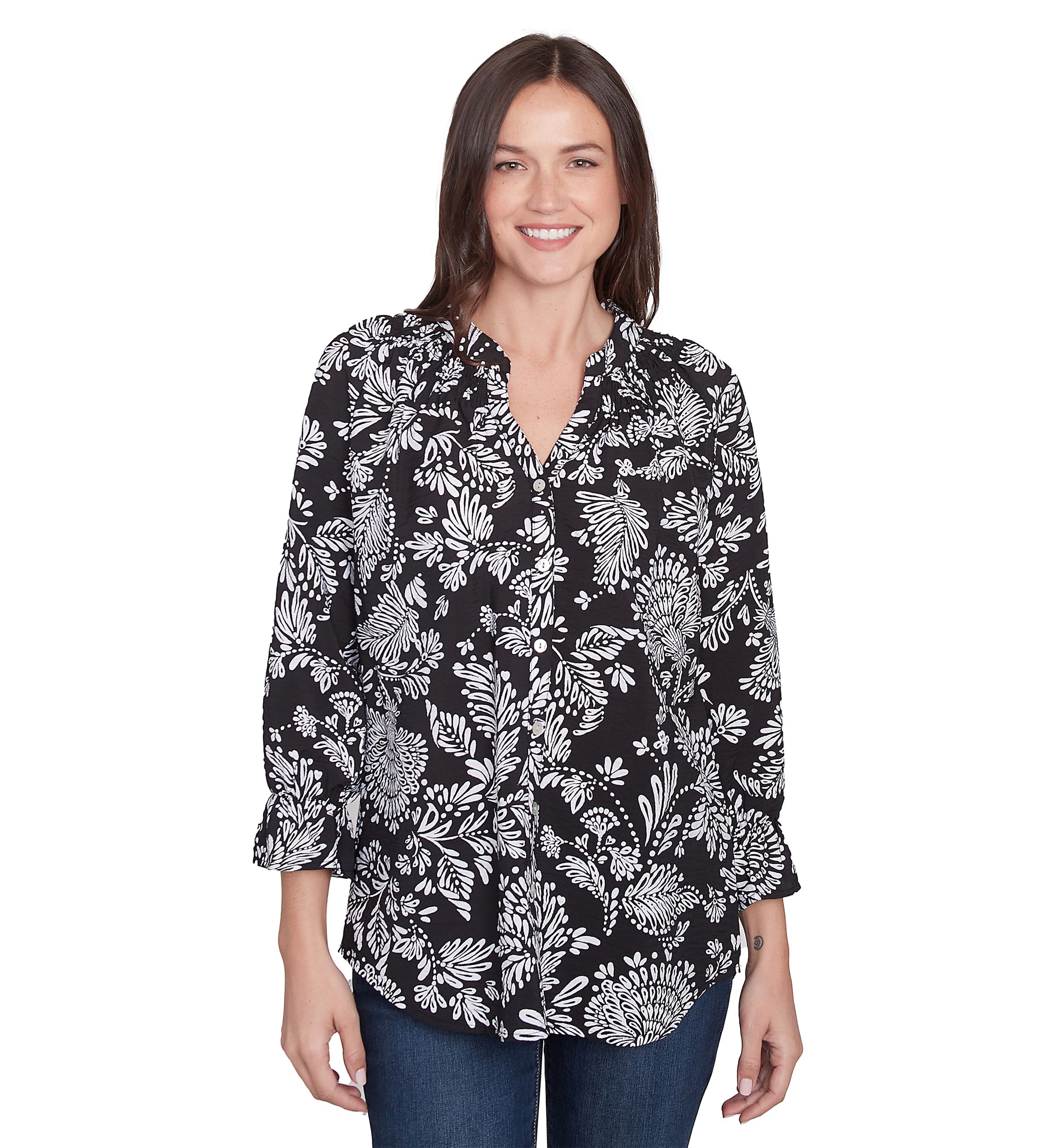 Womens Monotone Floral V-Neck Top
