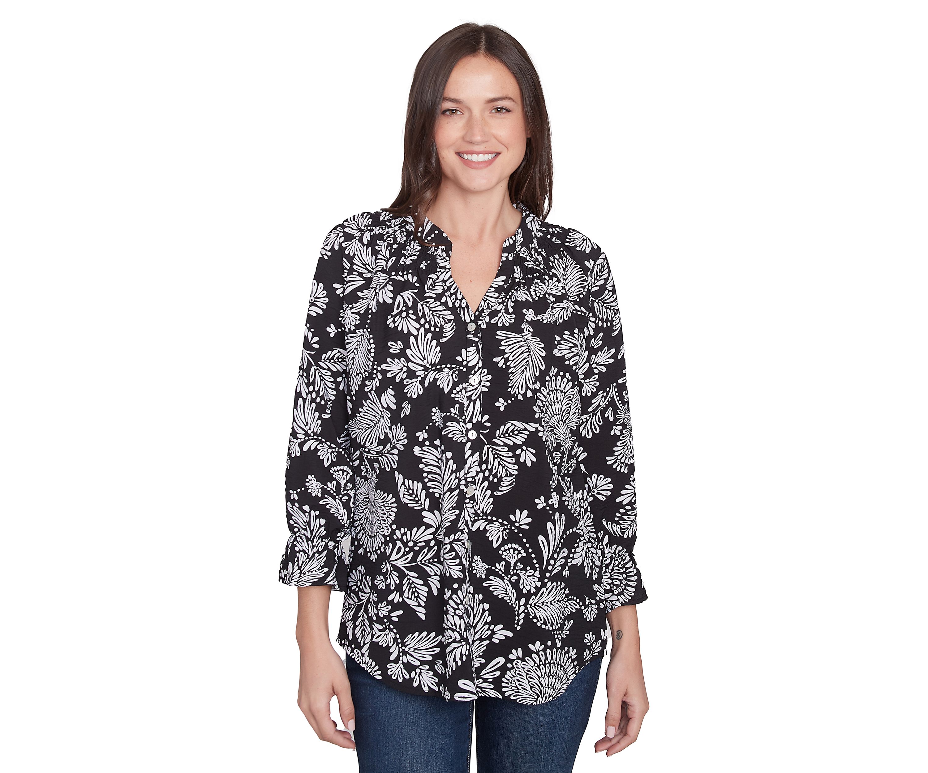 Womens Monotone Floral V-Neck Top