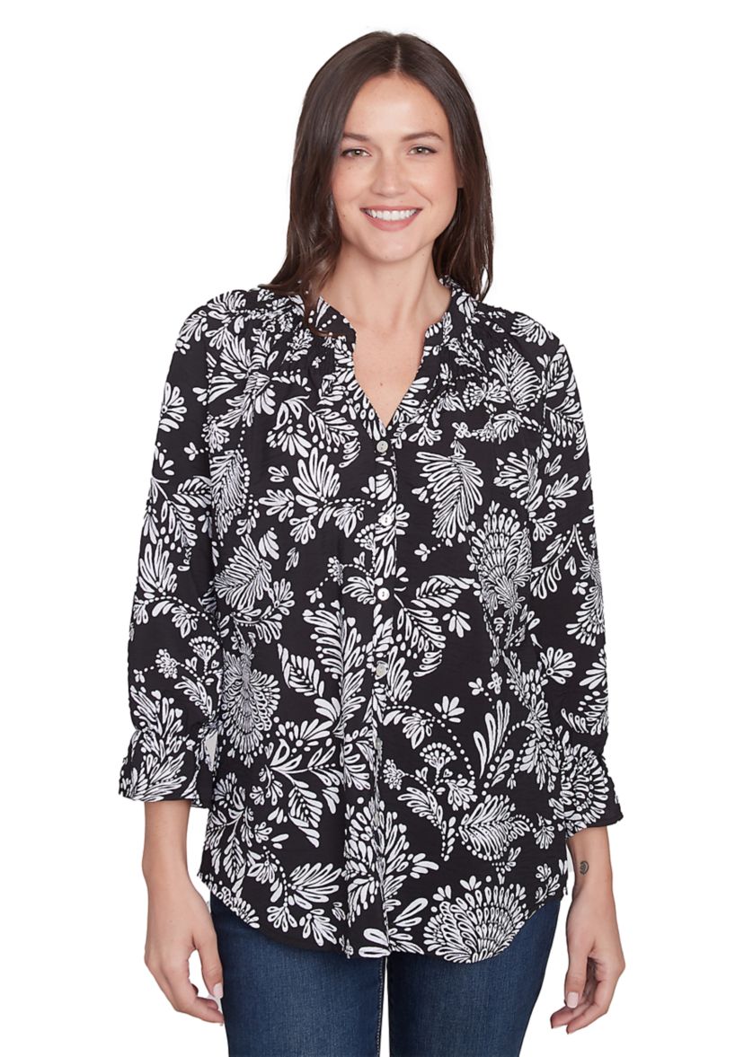 Womens Monotone Floral V-Neck Top