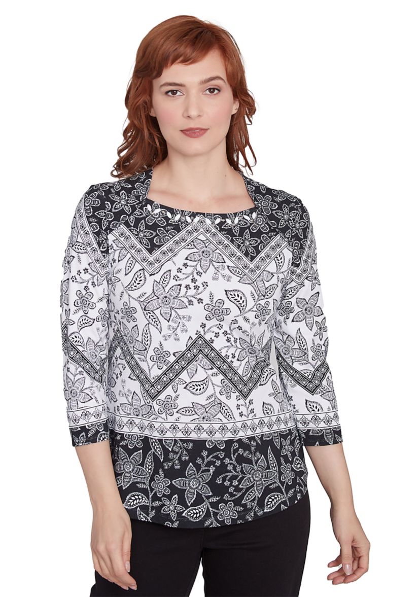 Womens Zig-Zag Geometric Floral Top