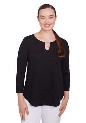 Ruby Rd Women's Solid Paisley Floral Textured Top, Black, Large