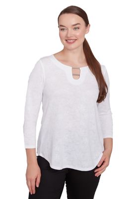 Ruby Rd Women's Solid Paisley Floral Textured Top, White, XL