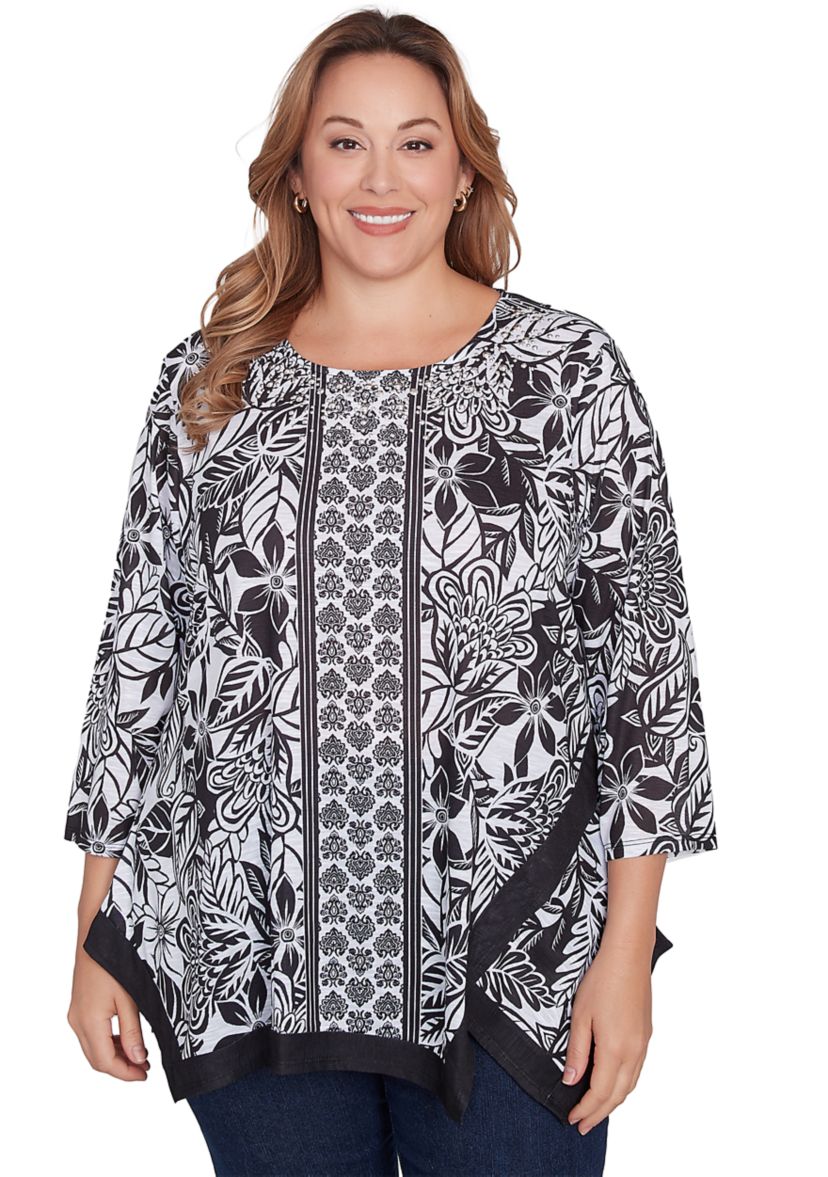 Plus Size Monochrome Floral Shark Bite Top