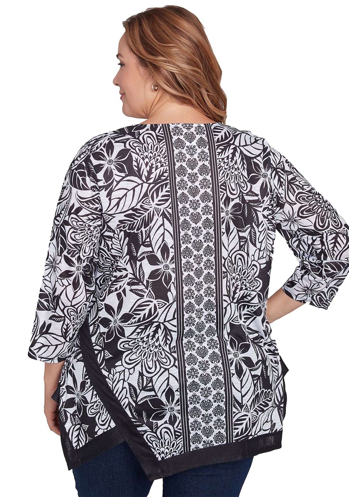 Plus Size Monochrome Floral Shark Bite Top