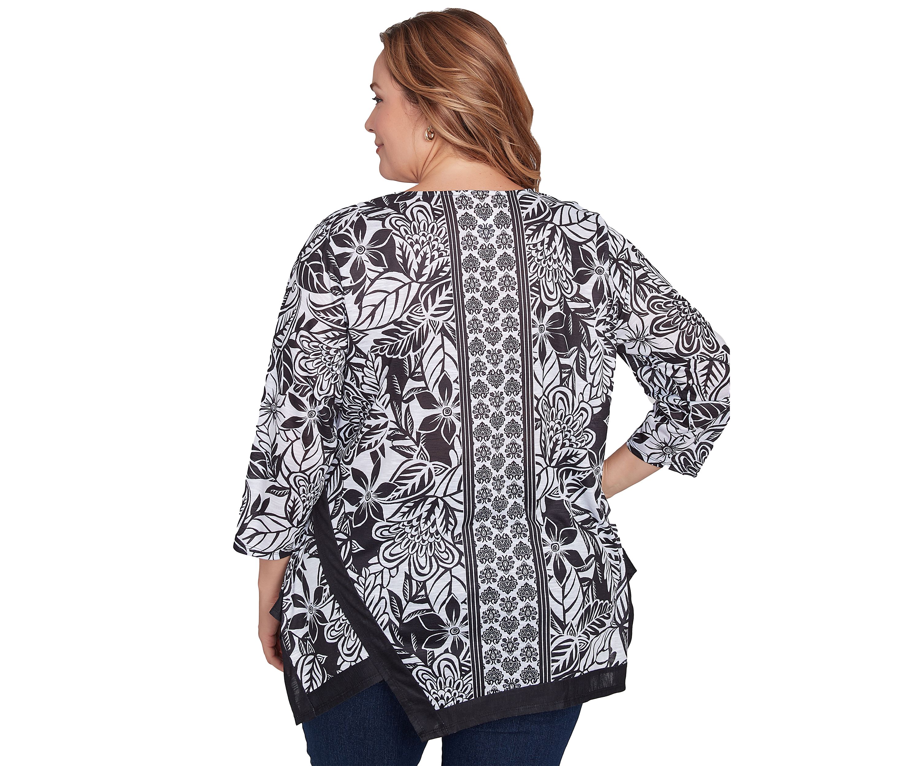 Plus Size Monochrome Floral Shark Bite Top