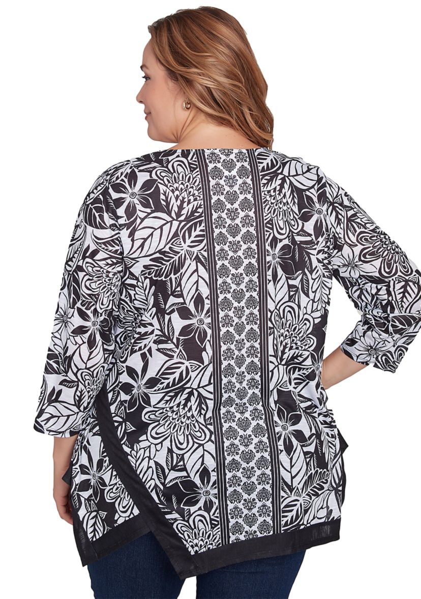 Plus Size Monochrome Floral Shark Bite Top