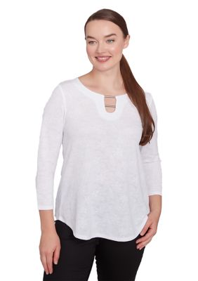 Ruby Rd Women's Plus Size Solid Paisley Floral Textured Top, White, 3X