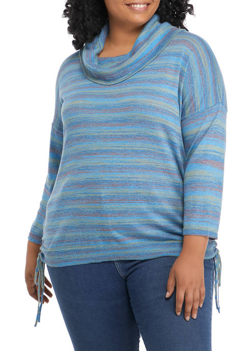 Plus Size Play It Cool Colorful Striped Space-Dye Ruched Sweater