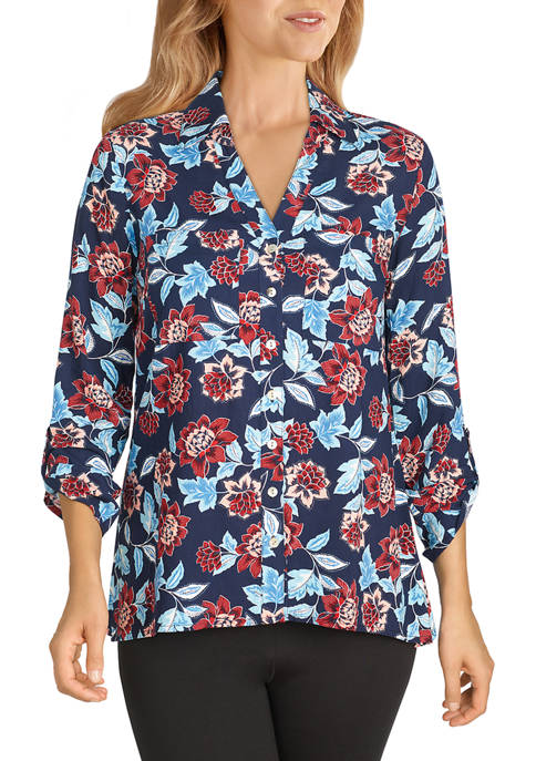 Ruby Rd Womens Floral Printed Button-Front Handkerchief Top