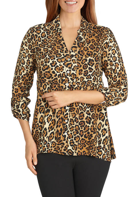 Ruby Rd Plus Size Cheetah Printed Button-Front Handkerchief