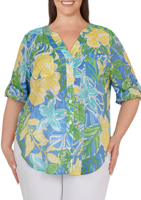 Ruby Rd Plus Size Button Front Tropical Floral