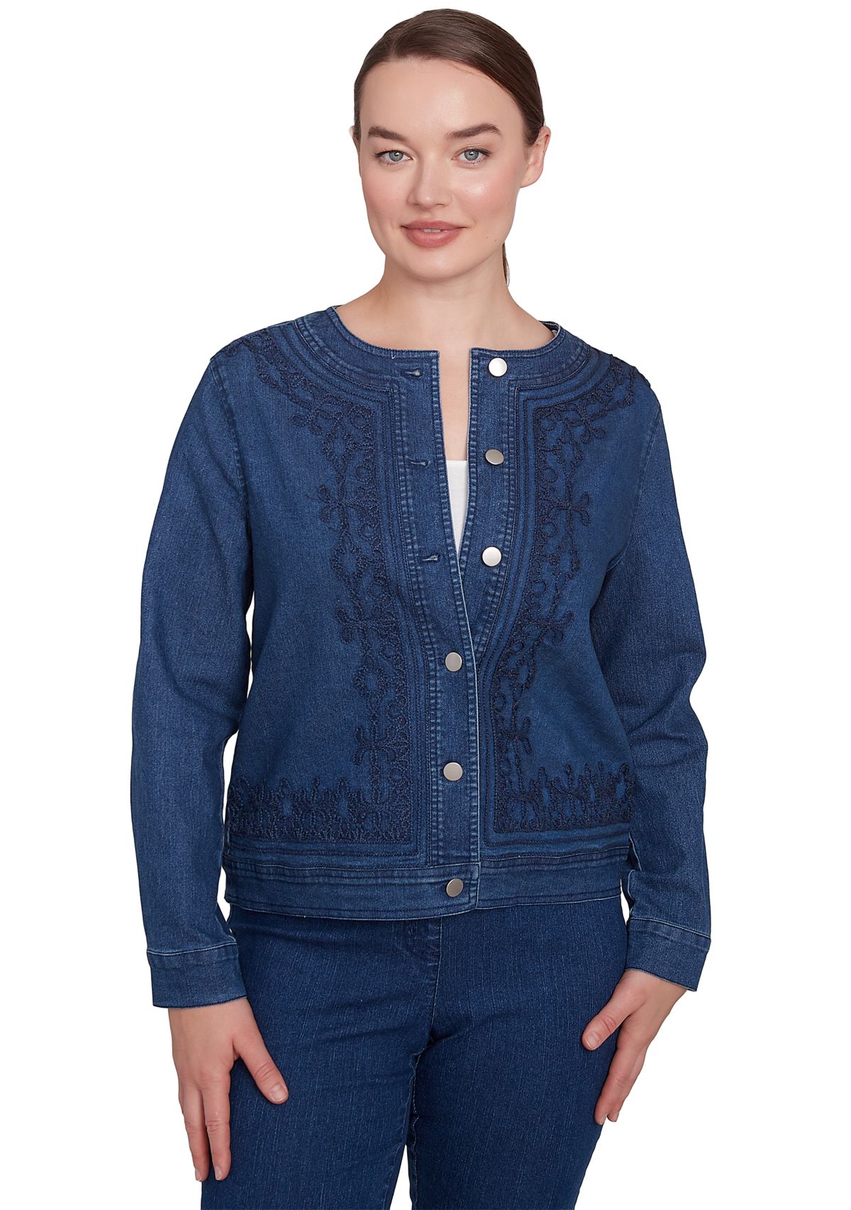 Womens Dark Stretch Denim Embroidered Jacket