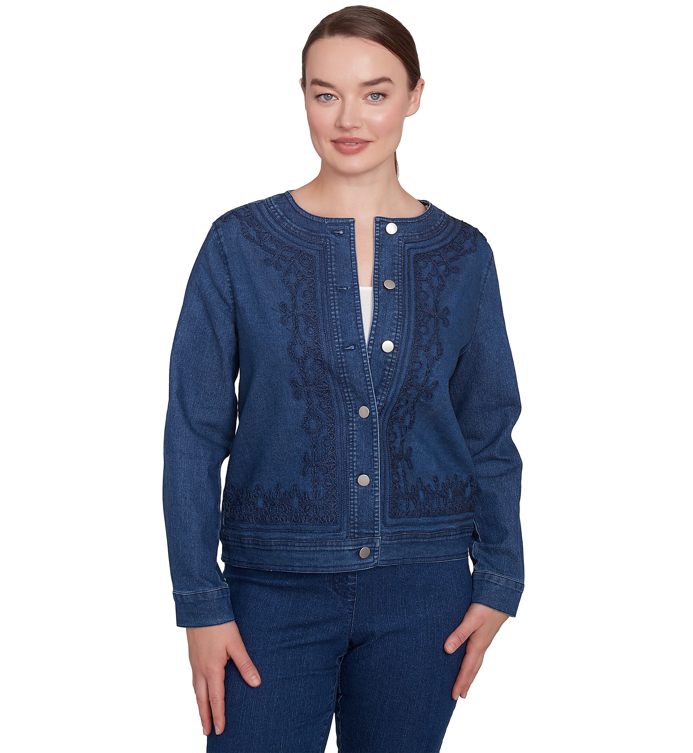 Womens Dark Stretch Denim Embroidered Jacket