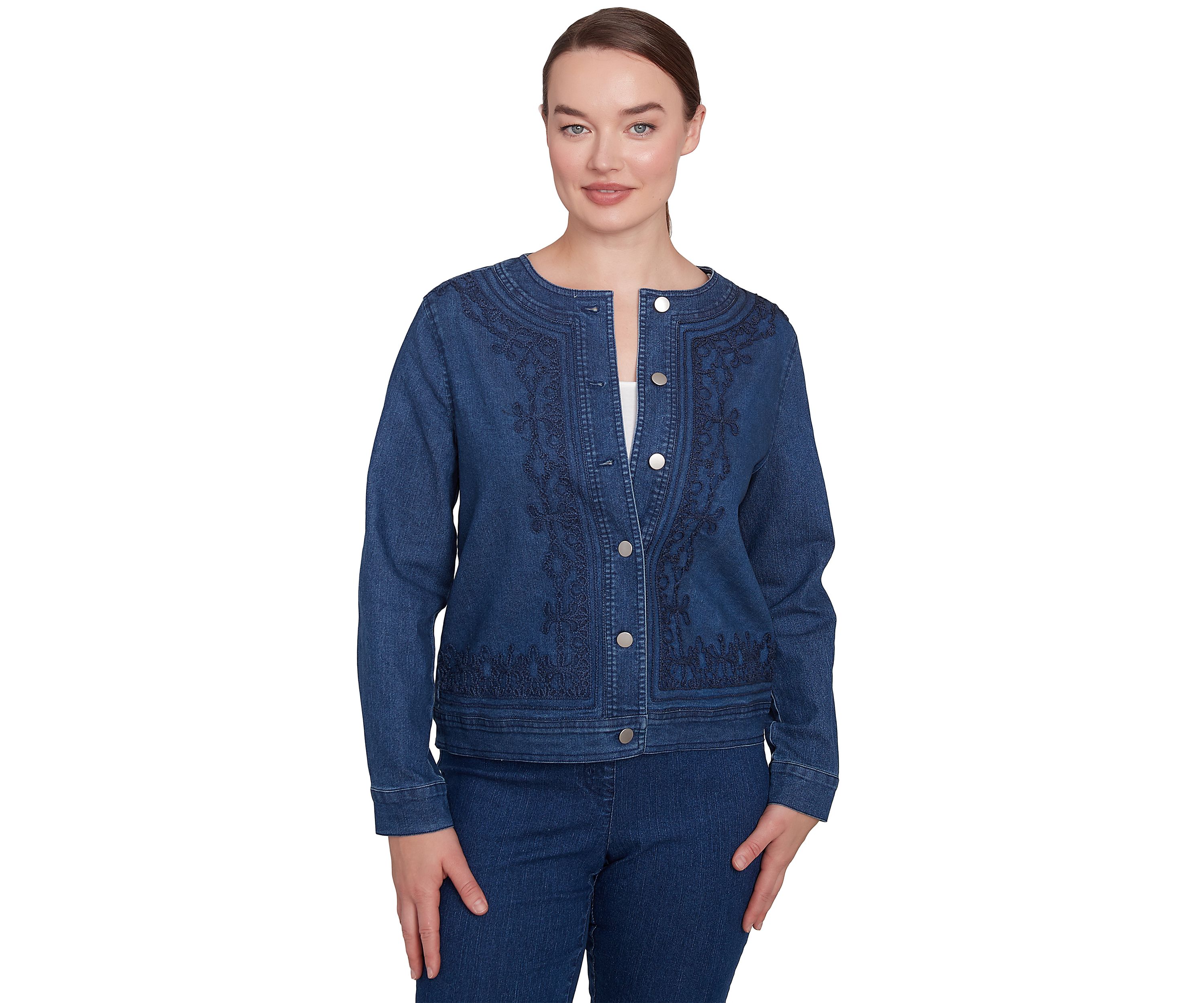 Womens Dark Stretch Denim Embroidered Jacket