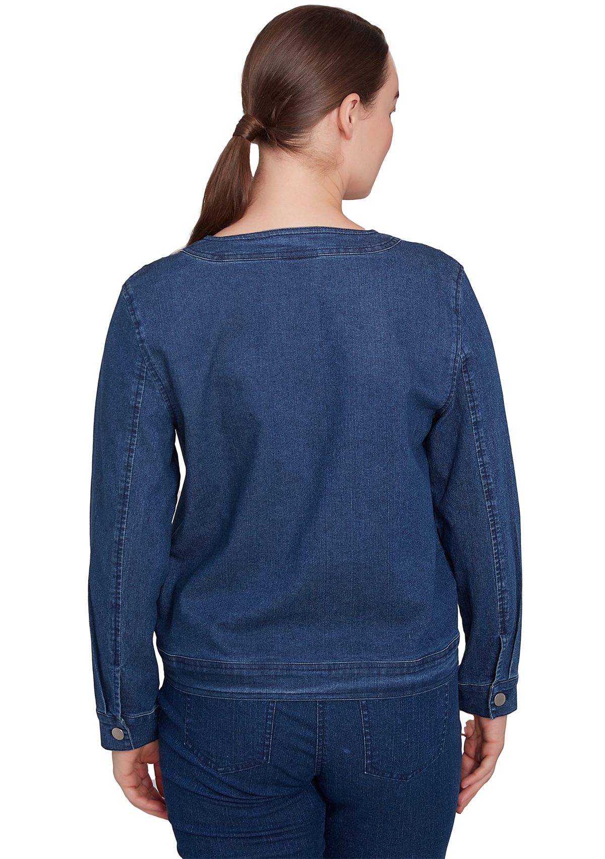 Womens Dark Stretch Denim Embroidered Jacket