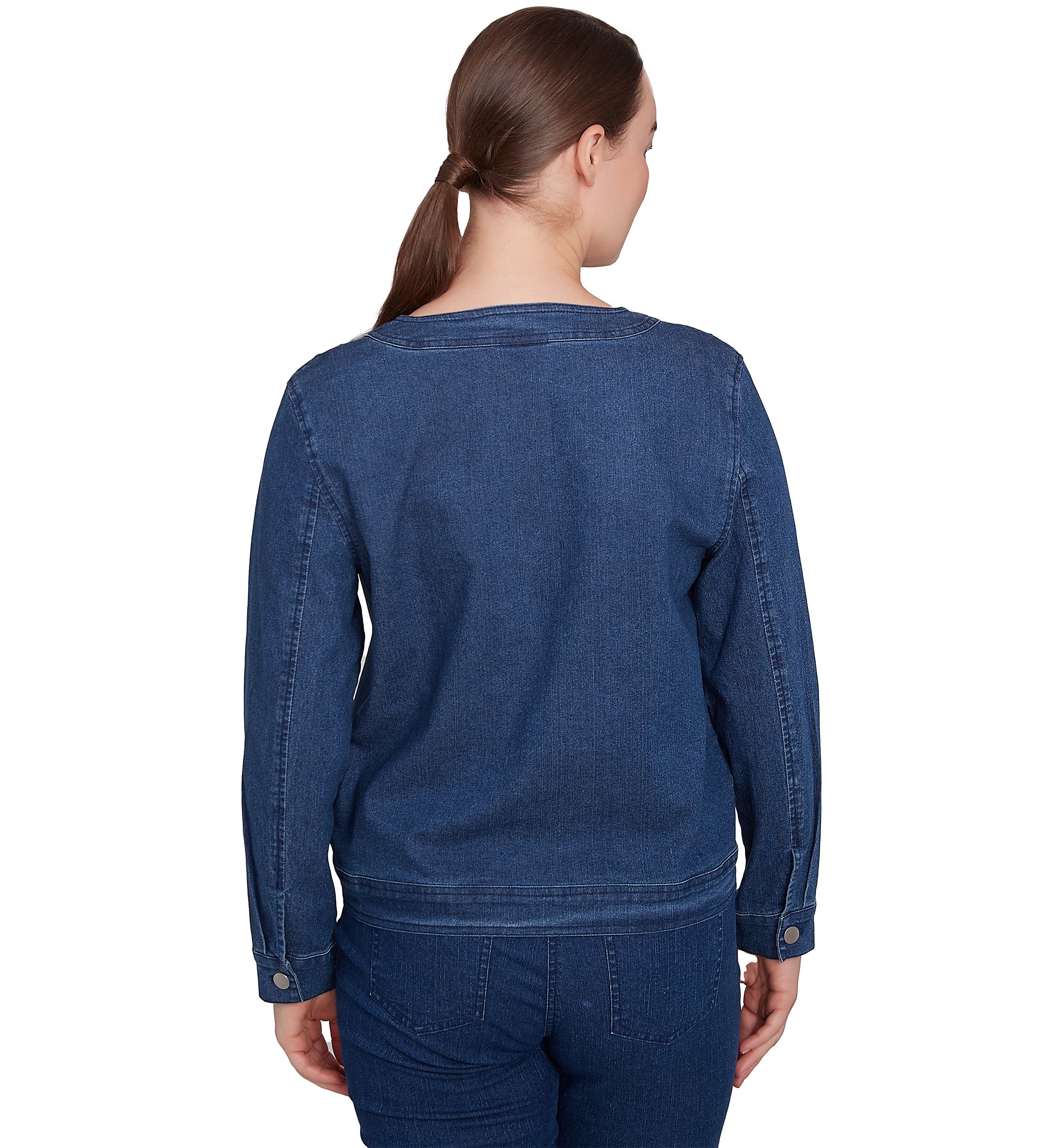 Womens Dark Stretch Denim Embroidered Jacket