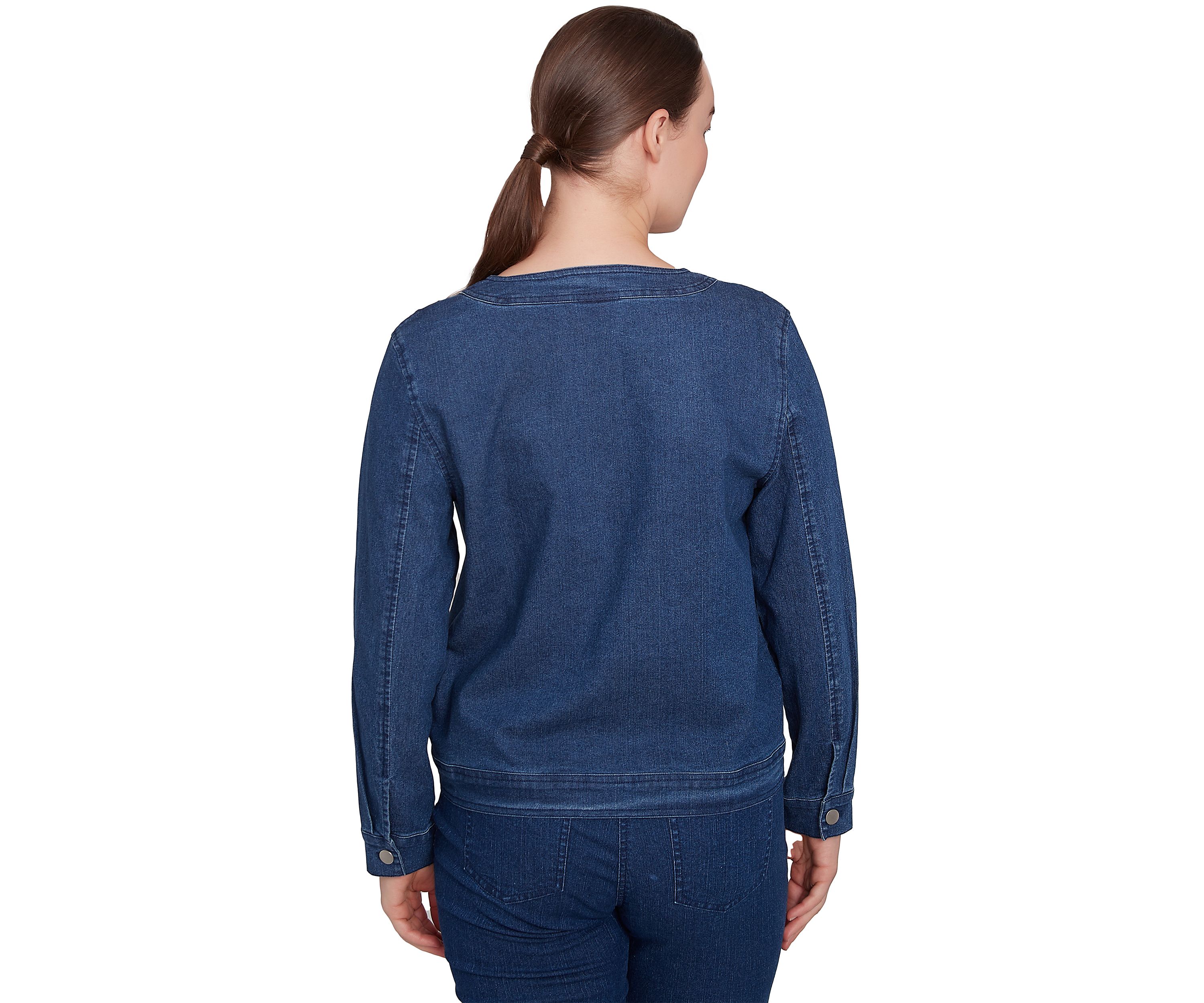 Womens Dark Stretch Denim Embroidered Jacket