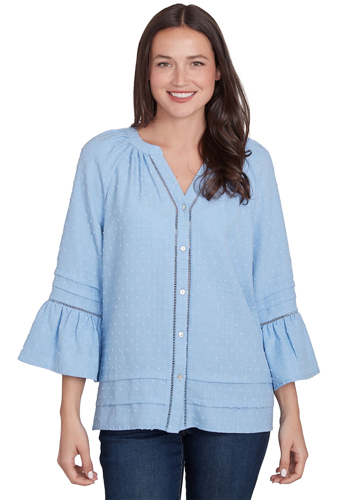 Womens Clip Dot Button Front Flared Sleeve Top