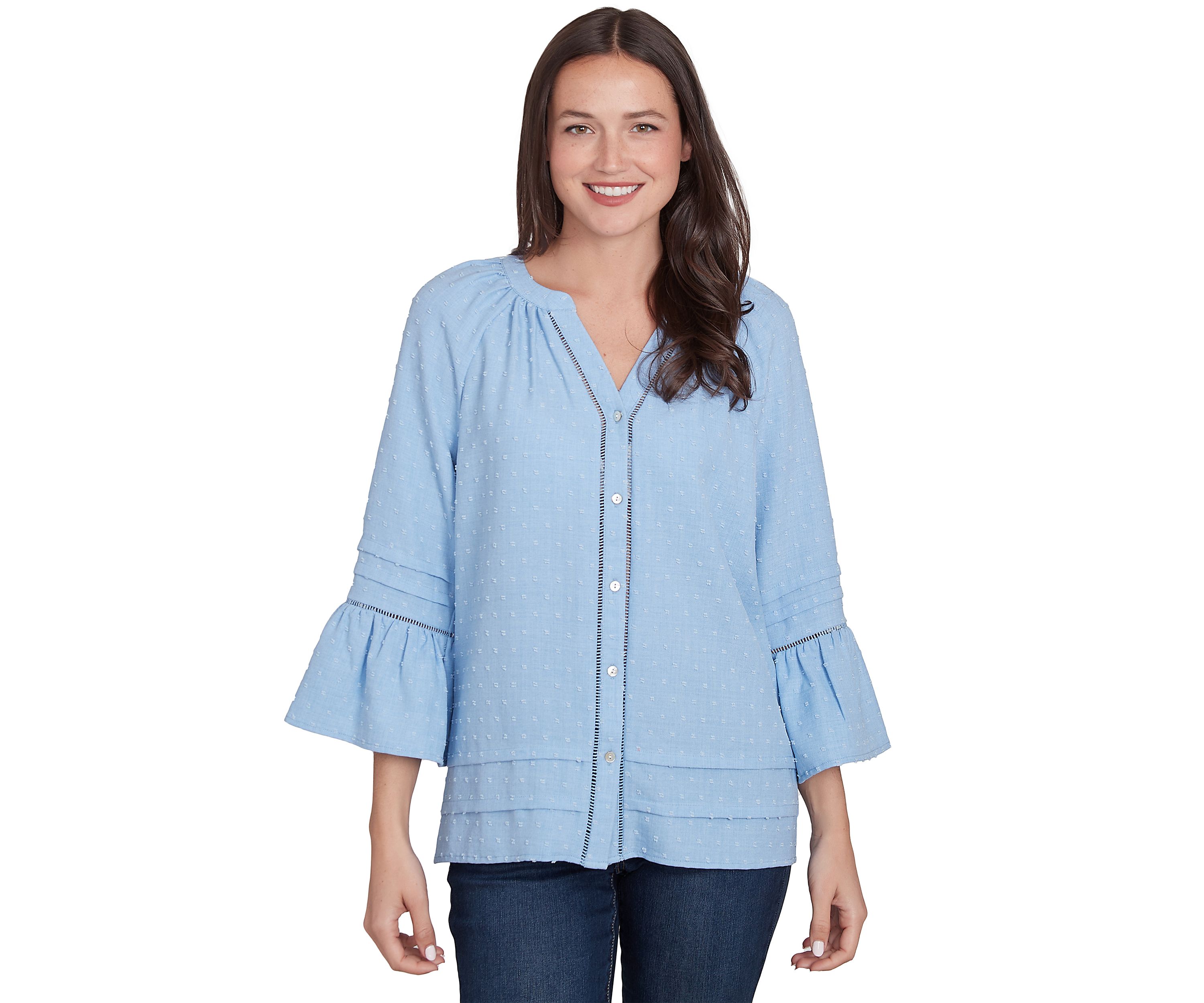 Womens Clip Dot Button Front Flared Sleeve Top