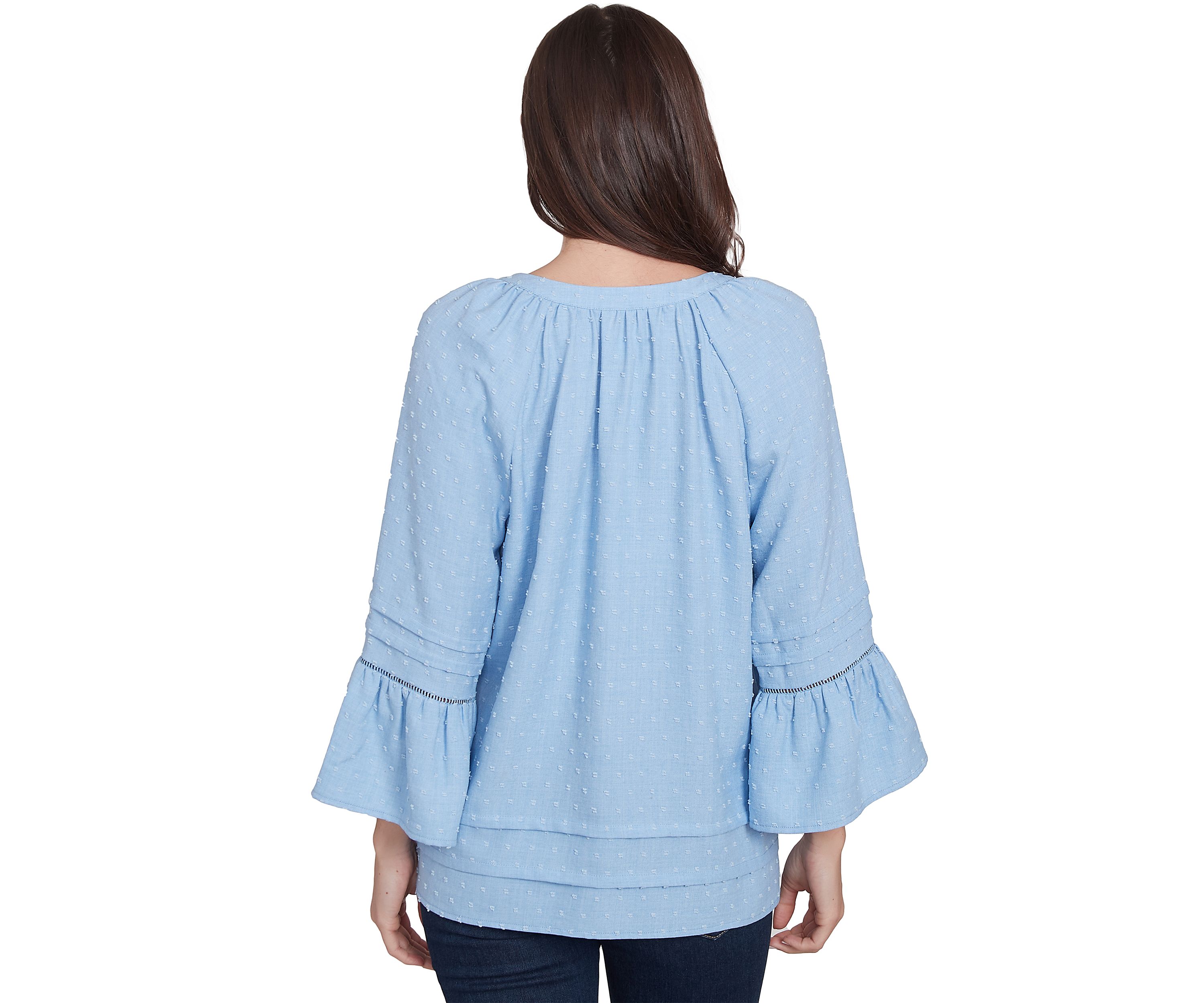 Womens Clip Dot Button Front Flared Sleeve Top