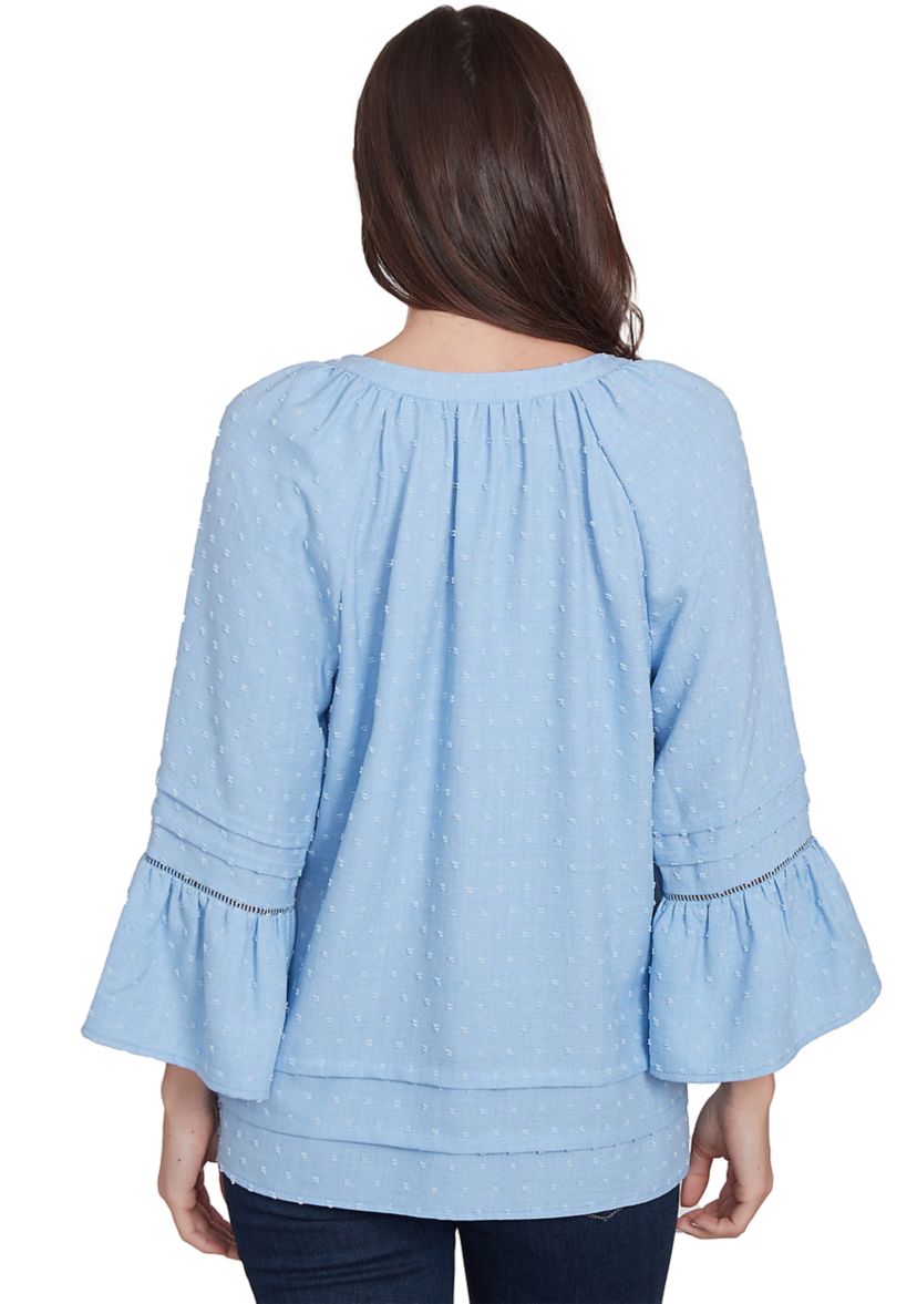 Womens Clip Dot Button Front Flared Sleeve Top
