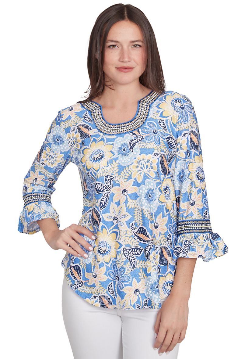 Womens Bohemian Floral Puff Print Top