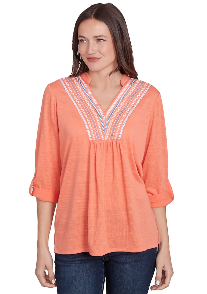 Womens Soft Relaxed Textured Trim Top