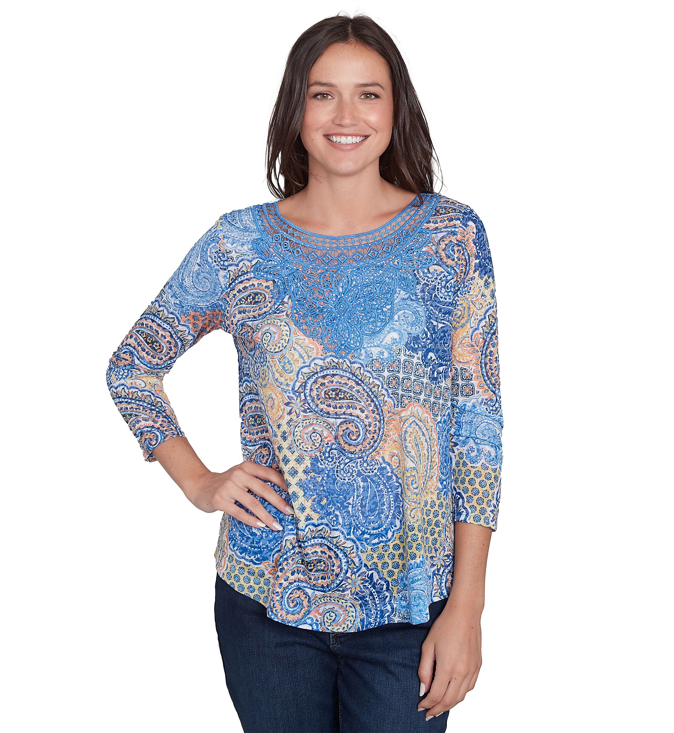 Womens Mixed Paisley Burnout Knit Top
