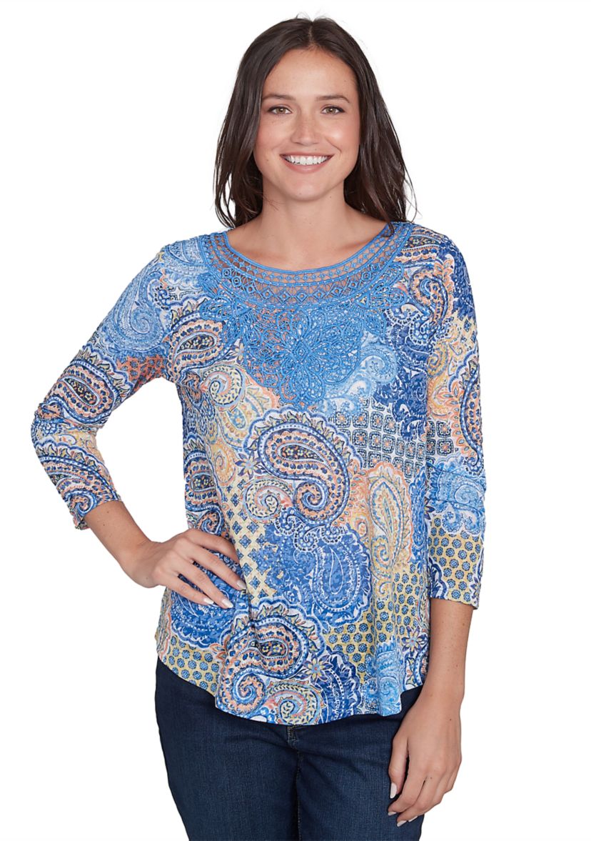Womens Mixed Paisley Burnout Knit Top