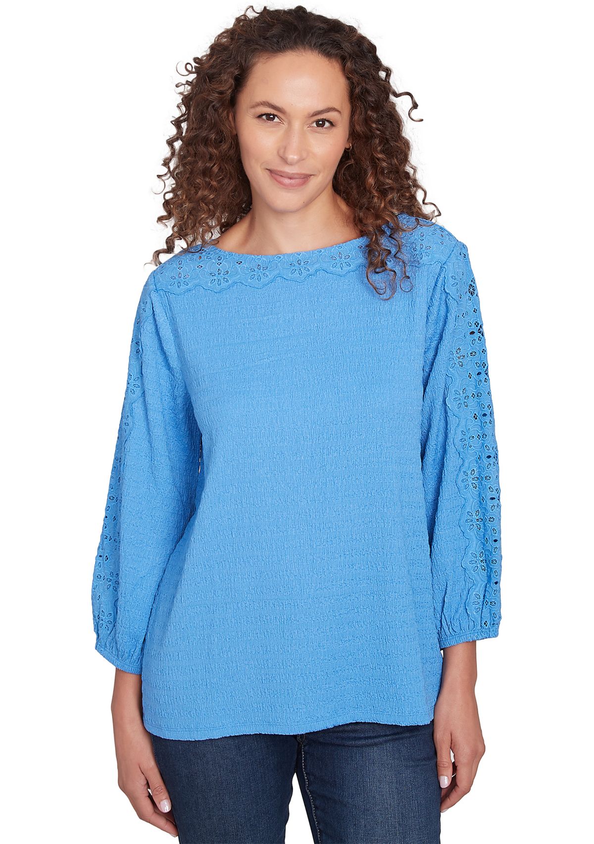 Womens Solid Textured Eyelet Sleeve Top